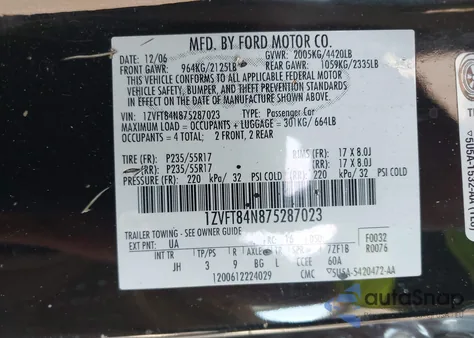 2007 Ford Mustang V6 Deluxe/V6 Premium from USA, damaged, VIN 1ZVFT84N875287023